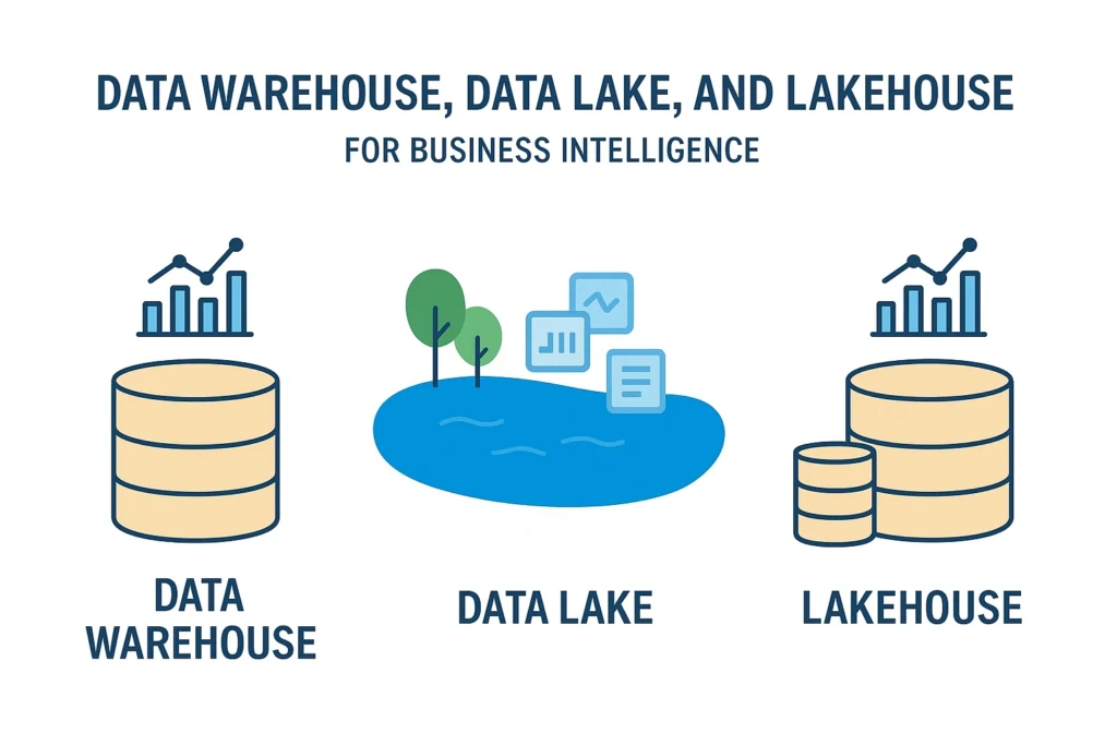 از مفهوم تفاوت 3معماری داده Data Warehouse و Data Lake و Lakehouse برای هوش تجاری عکس بساز